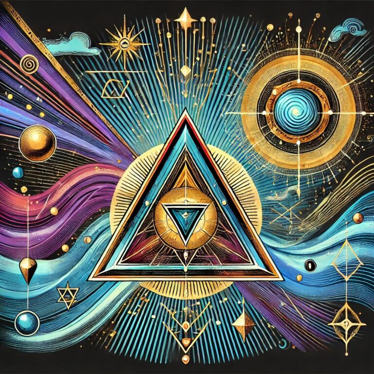 Triangle d’Énergie Rebelle – illustration symbolique représentant un triangle lumineux entouré d’énergie créatrice et de motifs célestes.