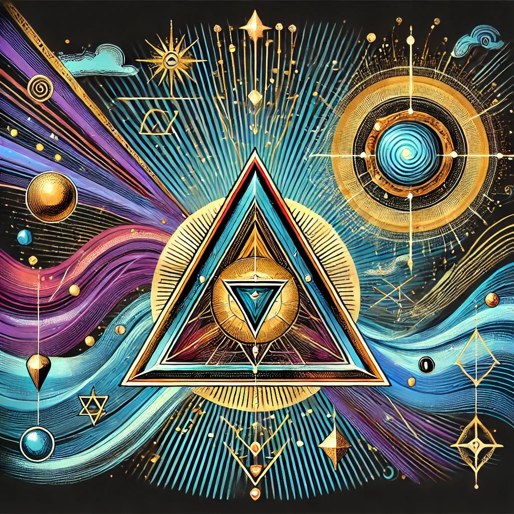 Triangle d’Énergie Rebelle – illustration symbolique représentant un triangle lumineux entouré d’énergie créatrice et de motifs célestes.