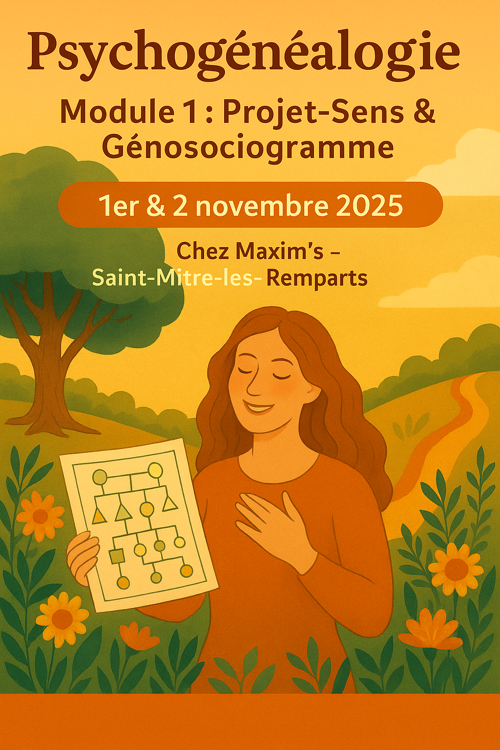 Affiche du stage Psychogénéalogie – Module 1 : Projet-Sens et Génosociogramme. Illustration d’une femme tenant un arbre généalogique stylisé, entourée de fleurs et d’un grand arbre symbolique. Couleurs chaleureuses orange, vert et or.