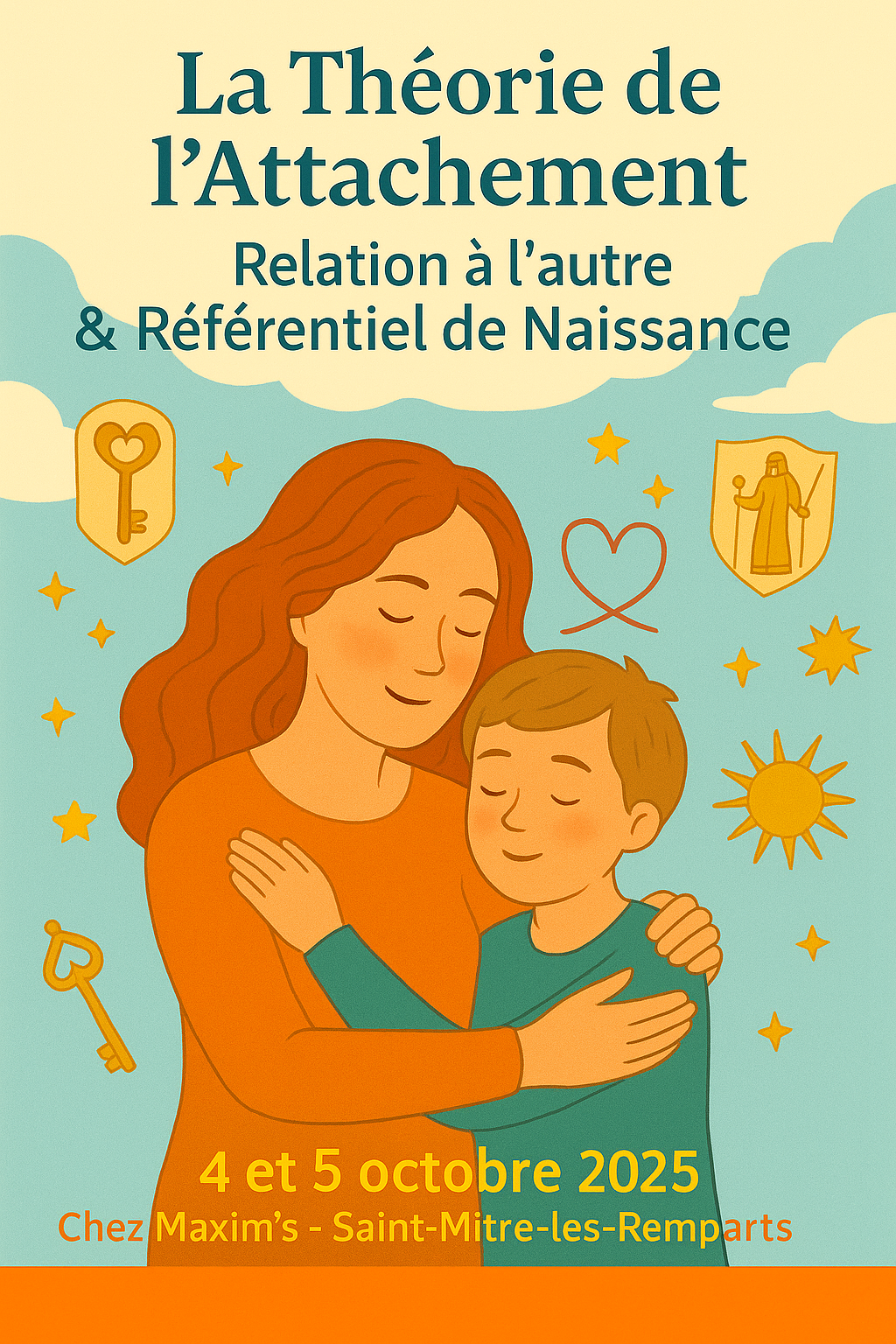 Affiche du stage Théorie de l’attachement, relation à l’autre et Référentiel de Naissance. Illustration chaleureuse d’une femme et d’un enfant dans une étreinte, entourés de symboles (cœur, soleil, clés, archetype), sur fond bleu et doré.