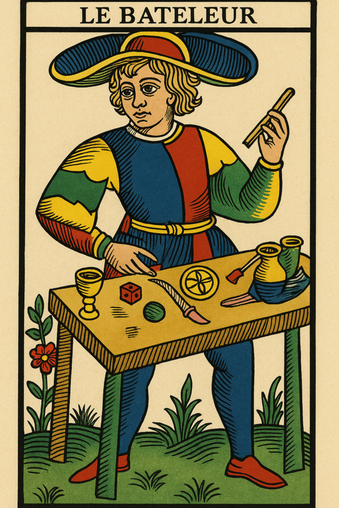 Bateleur du Tarot de Marseille avec sa table et les quatre symboles – stage Voyage du Bateleur