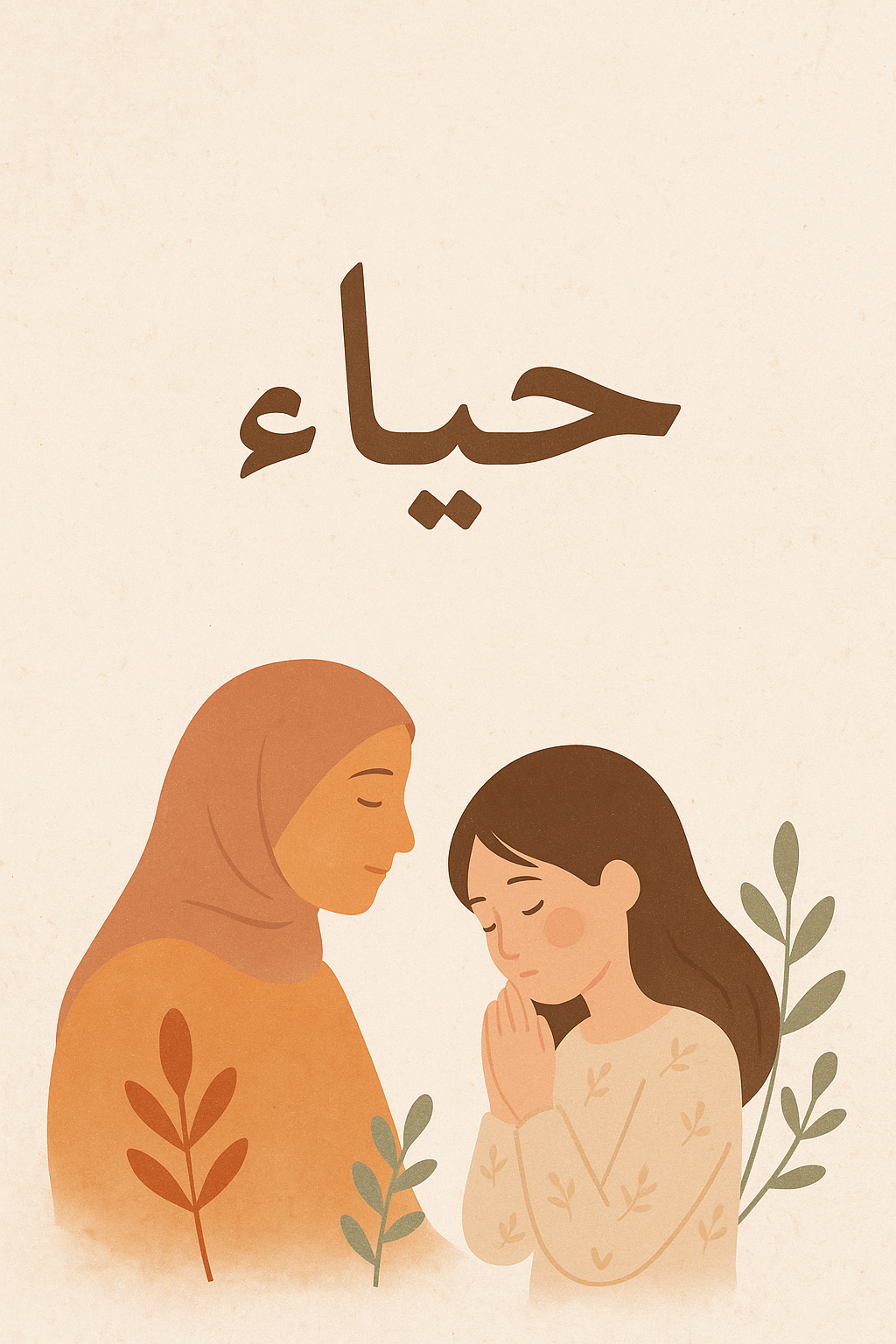 Illustration douce et symbolique du mot arabe « حياء » (ḥayāʾ, pudeur) écrit en calligraphie, au-dessus d’une femme et d’une jeune fille représentées dans une scène transgénérationnelle empreinte de tendresse et de transmission.