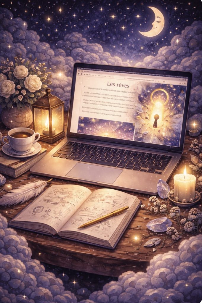 Illustration nocturne avec carnet de rêves et ordinateur "Les rêves" montrant une serrure lumineuse, pour le stage "Rêves, clé de l'identité" à Saint-Mitre-les-Remparts et en visio.