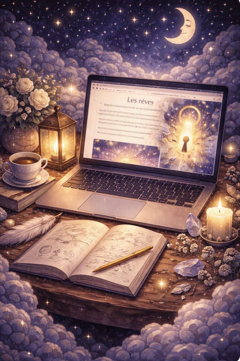 Illustration nocturne avec carnet de rêves et ordinateur "Les rêves" montrant une serrure lumineuse, pour le stage "Rêves, clé de l'identité" à Saint-Mitre-les-Remparts et en visio.