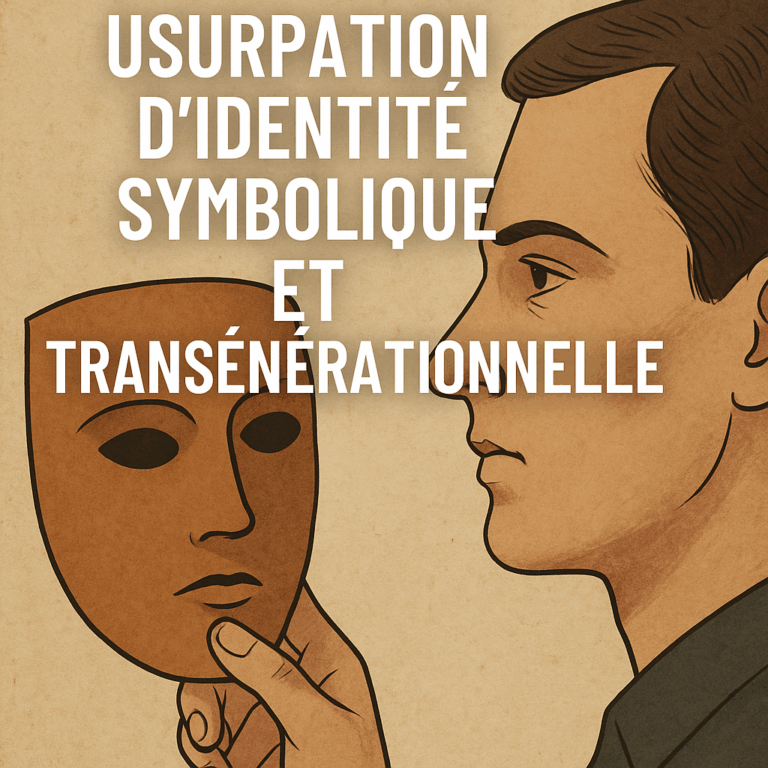 Illustration de l’usurpation d’identité symbolique et transgénérationnelle : un visage humain face à un masque, évoquant la psychogénéalogie et l’onomasophie.
