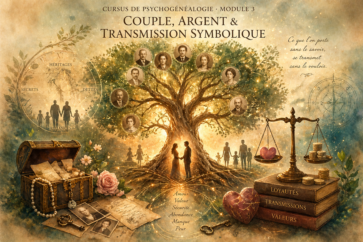 Illustration psychogénéalogie module 3 : couple, argent et transmission symbolique dans un arbre généalogique