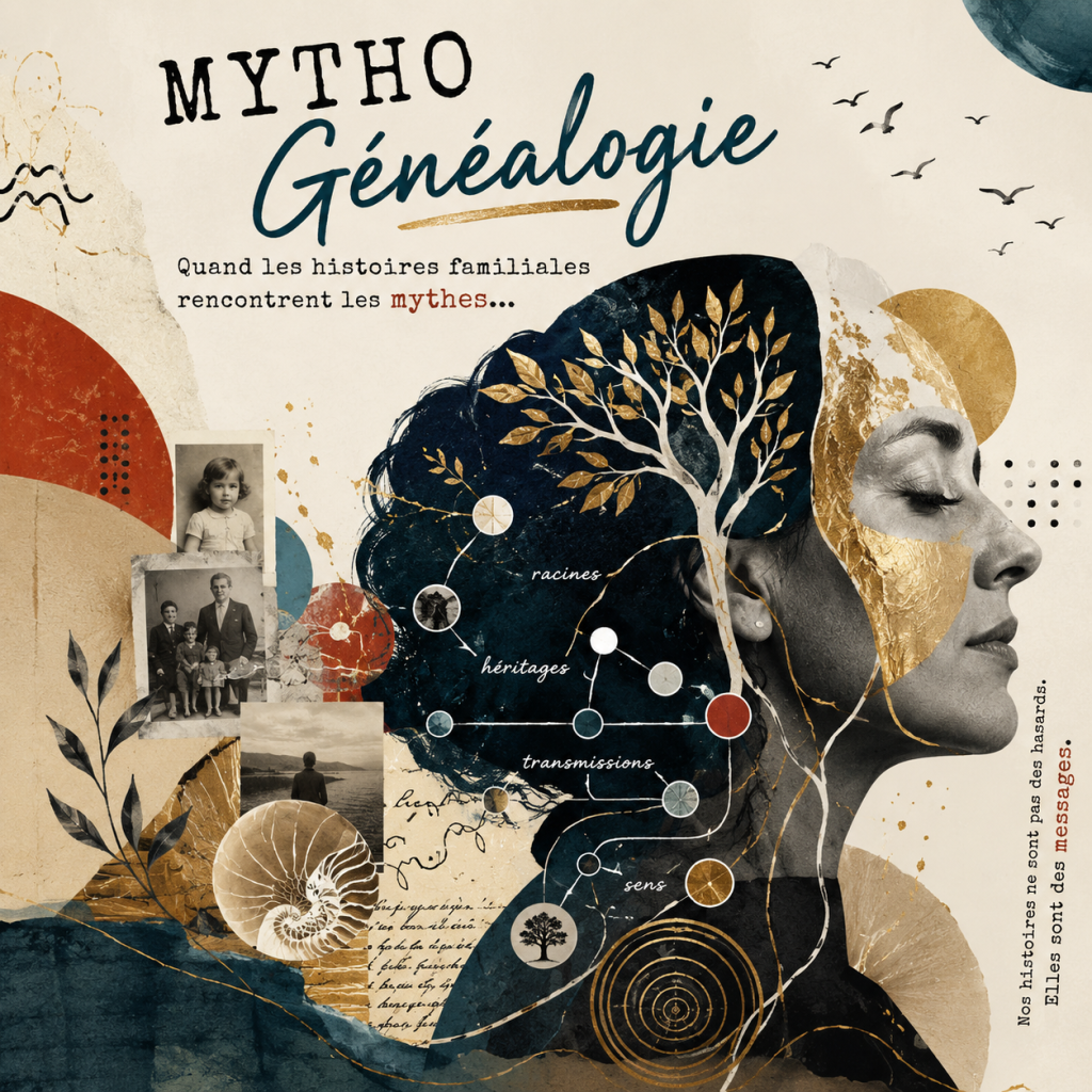 Collage artistique mêlant archives familiales, symboles mythologiques et arbre de vie illustrant le dialogue entre psychogénéalogie et mythes fondateurs.