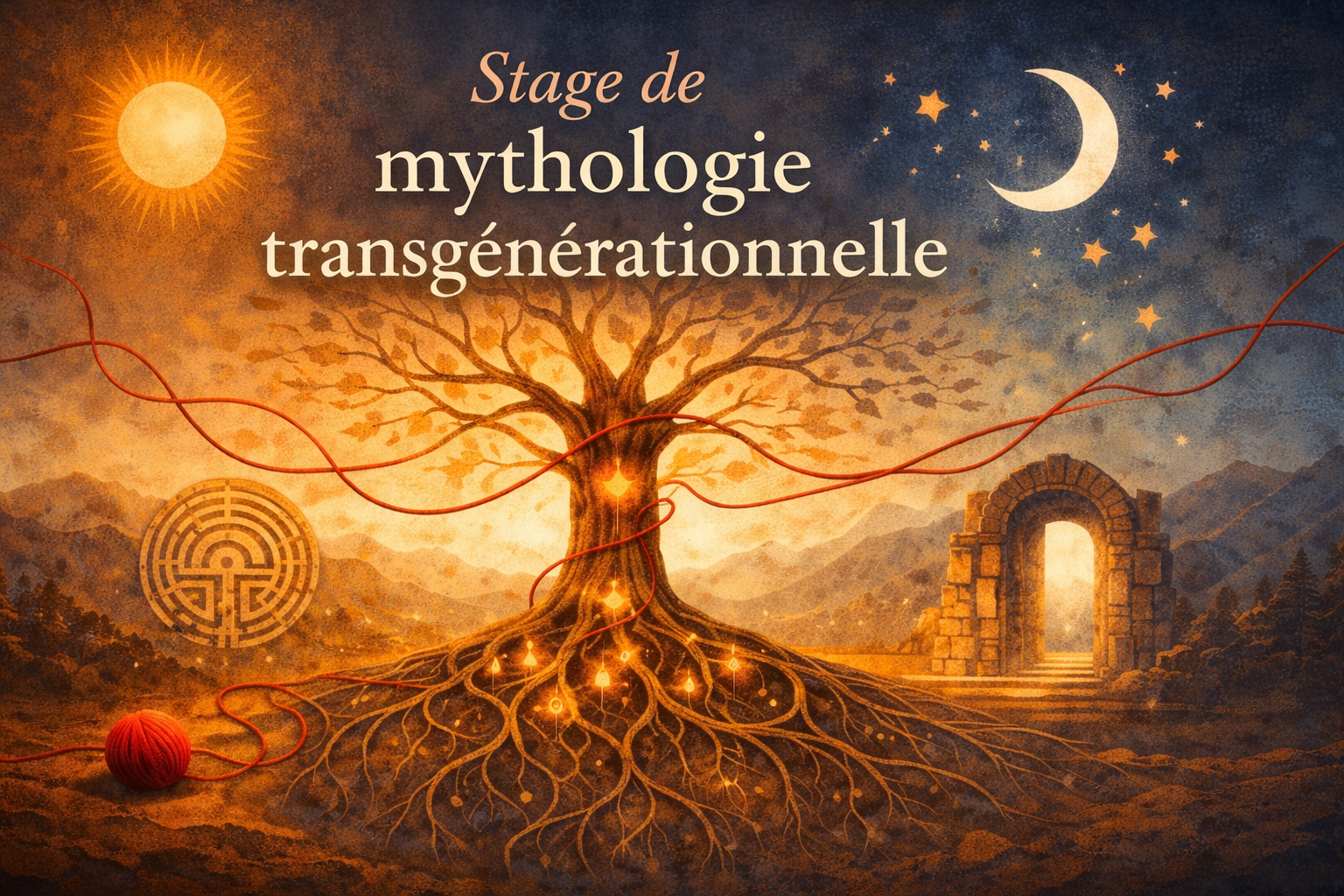 Stage de mythologie transgénérationnelle – arbre symbolique reliant mythes, lignées familiales et transmissions invisibles