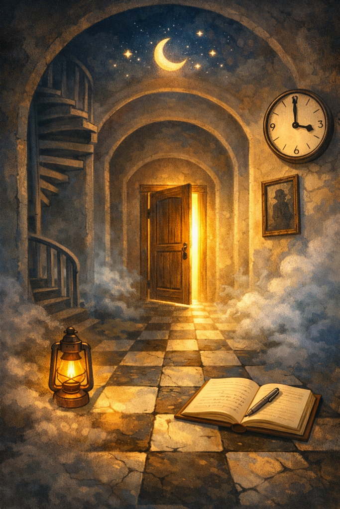 Rêves récurrents : une porte lumineuse dans un couloir, symbole d’un rêve qui revient et de son interprétation