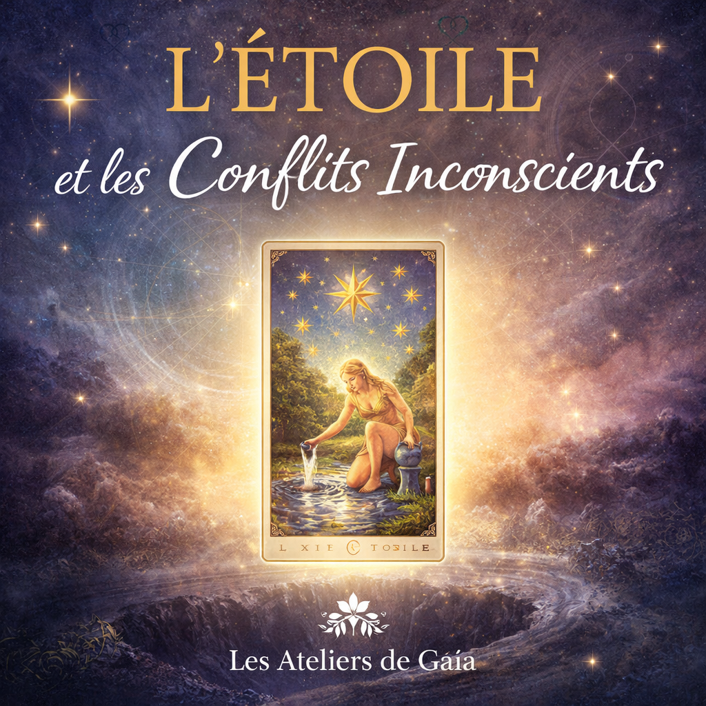 Illustration de l’Arcane de l’Étoile avec un trou noir symbolique, représentant les conflits inconscients dans le Référentiel de Naissance – Les Ateliers de Gaïa