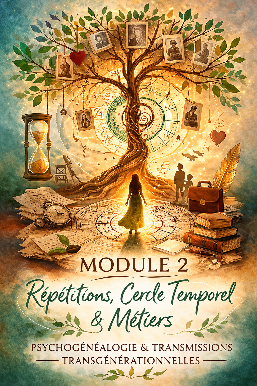 Illustration du Module 2 de psychogénéalogie : arbre généalogique, cercle temporel et métiers (Les Ateliers de Gaïa)