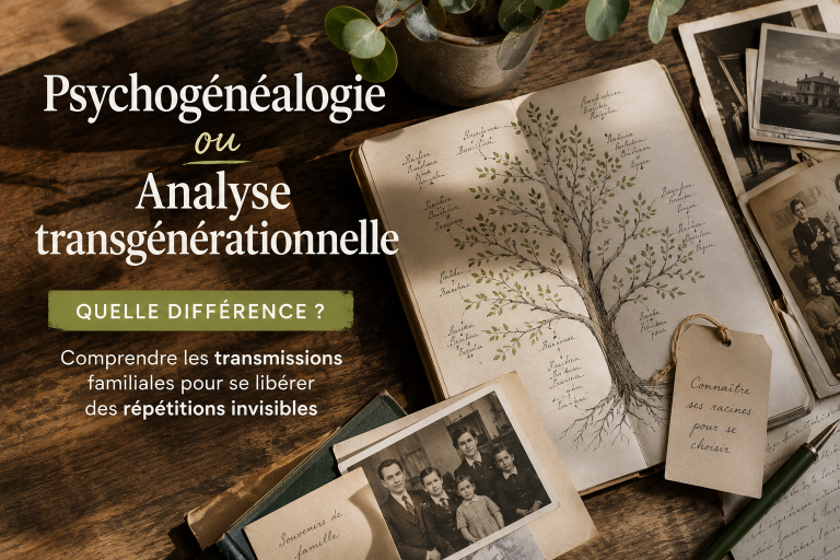 Psychogénéalogie et analyse transgénérationnelle : arbre généalogique, photos de famille anciennes et carnet illustrant les transmissions familiales, les mémoires inconscientes et les répétitions transgénérationnelles.