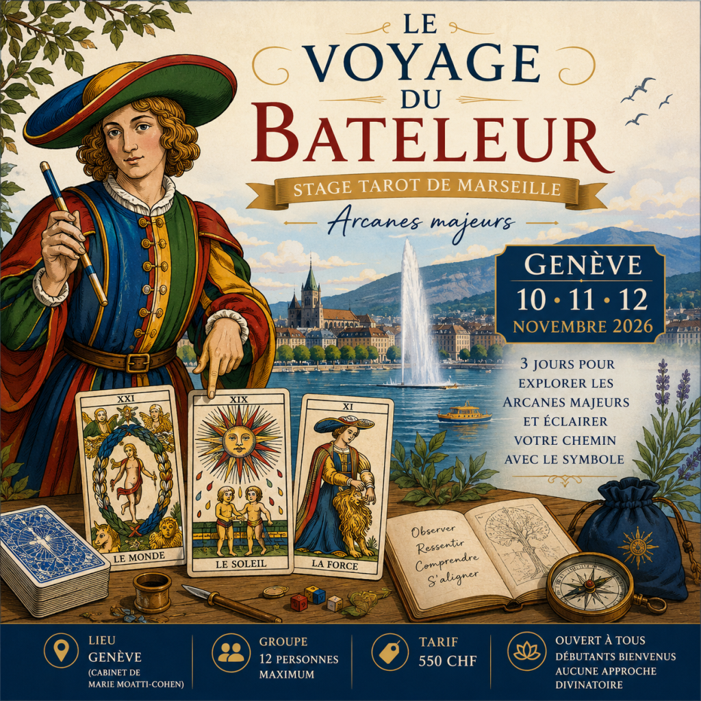 Stage Tarot de Marseille à Genève – Le Voyage du Bateleur, Arcanes majeurs, 10–12 novembre 2026.