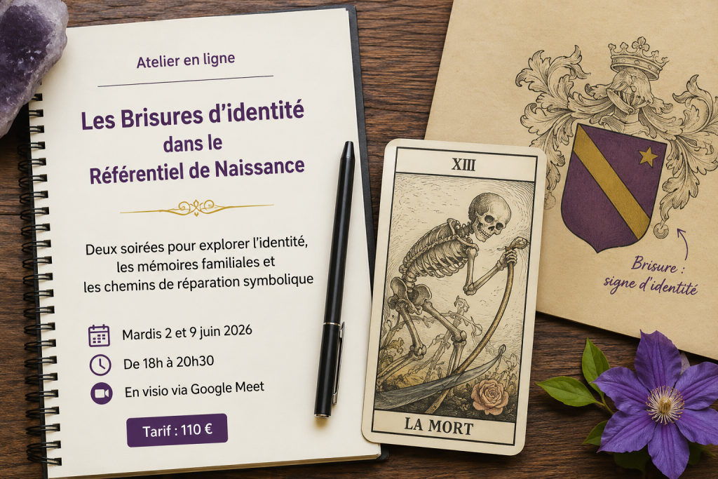 Affiche de l’atelier en ligne « Les Brisures d’identité dans le Référentiel de Naissance », avec tarot, blason et dates des soirées en visio.