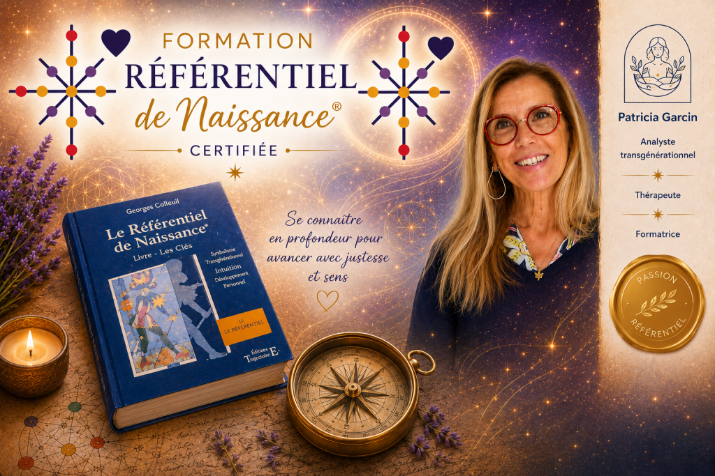 Formation Référentiel de Naissance certifiée – Patricia Garcin, analyste transgénérationnel, thérapeute et formatrice. Illustration symbolique avec le logo du Référentiel de Naissance, livre de Georges Colleuil, tarot, boussole et ambiance spirituelle aux couleurs or et violet.