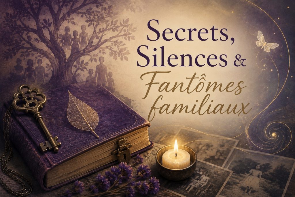 Illustration symbolique représentant un ancien livre, une clé, une bougie et des photographies de famille devant un arbre aux silhouettes fantomatiques, évoquant les secrets, les silences et les héritages transgénérationnels.