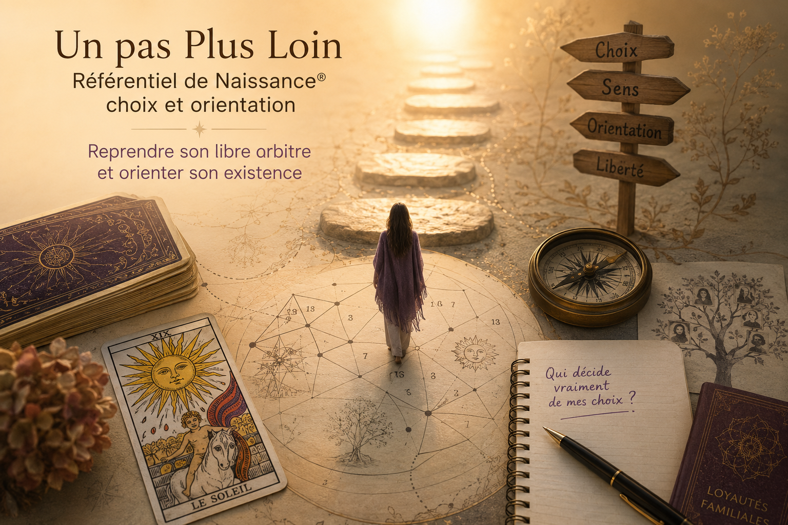 Illustration symbolique représentant une personne avançant sur un chemin lumineux au cœur d’un Référentiel de Naissance, entourée d’un tarot, d’une boussole et de symboles transgénérationnels, évoquant les choix de vie, l’orientation et le libre arbitre.