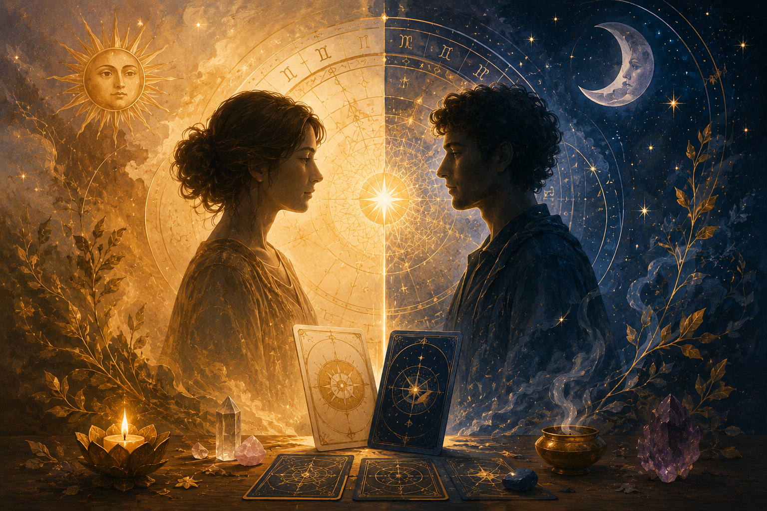 Deux silhouettes se font face dans une atmosphère mystique, entourées de symboles célestes, d’un cercle lumineux, de cartes inspirées du tarot, de cristaux et d’une bougie, évoquant la rencontre, le dialogue et l’alliance symbolique entre deux êtres.