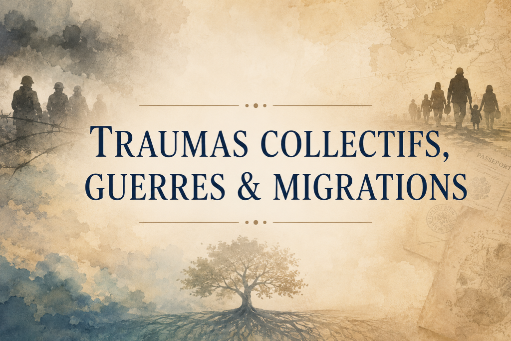 Illustration symbolique représentant les traumas collectifs liés aux guerres et aux migrations, avec des silhouettes en marche, un arbre enraciné et des cartes anciennes, évoquant la transmission des mémoires familiales et transgénérationnelles.