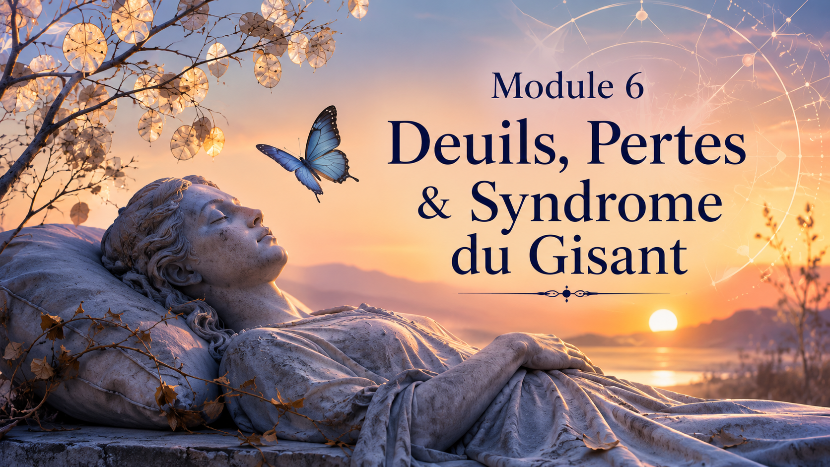 Illustration symbolique d’un gisant de pierre au bord de l’eau au lever du soleil, évoquant les deuils, les pertes, la mémoire transgénérationnelle et le syndrome du Gisant en psychogénéalogie.