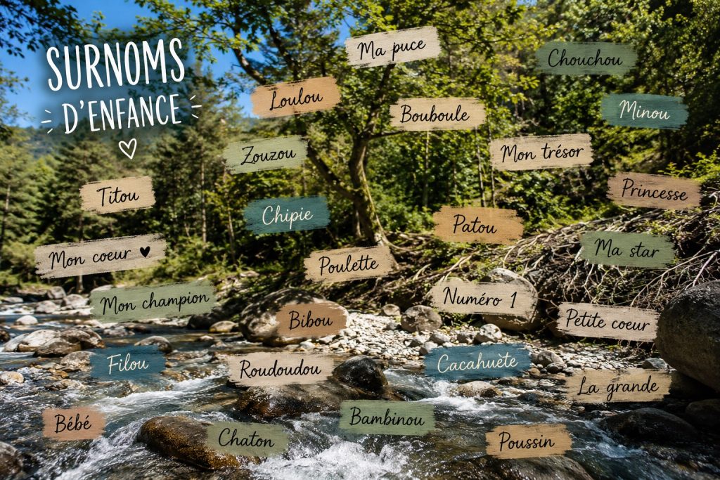 Collage de surnoms d’enfance (Loulou, Titou, Patou, Chouchou…) sur fond de rivière en forêt, illustration de l’article sur la psychogénéalogie du prénom