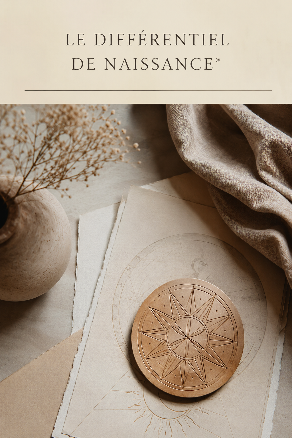 Illustration douce et contemporaine du Différentiel de Naissance®, avec un symbole circulaire gravé, des papiers aux motifs symboliques, des matières naturelles et des tons beige et terre.