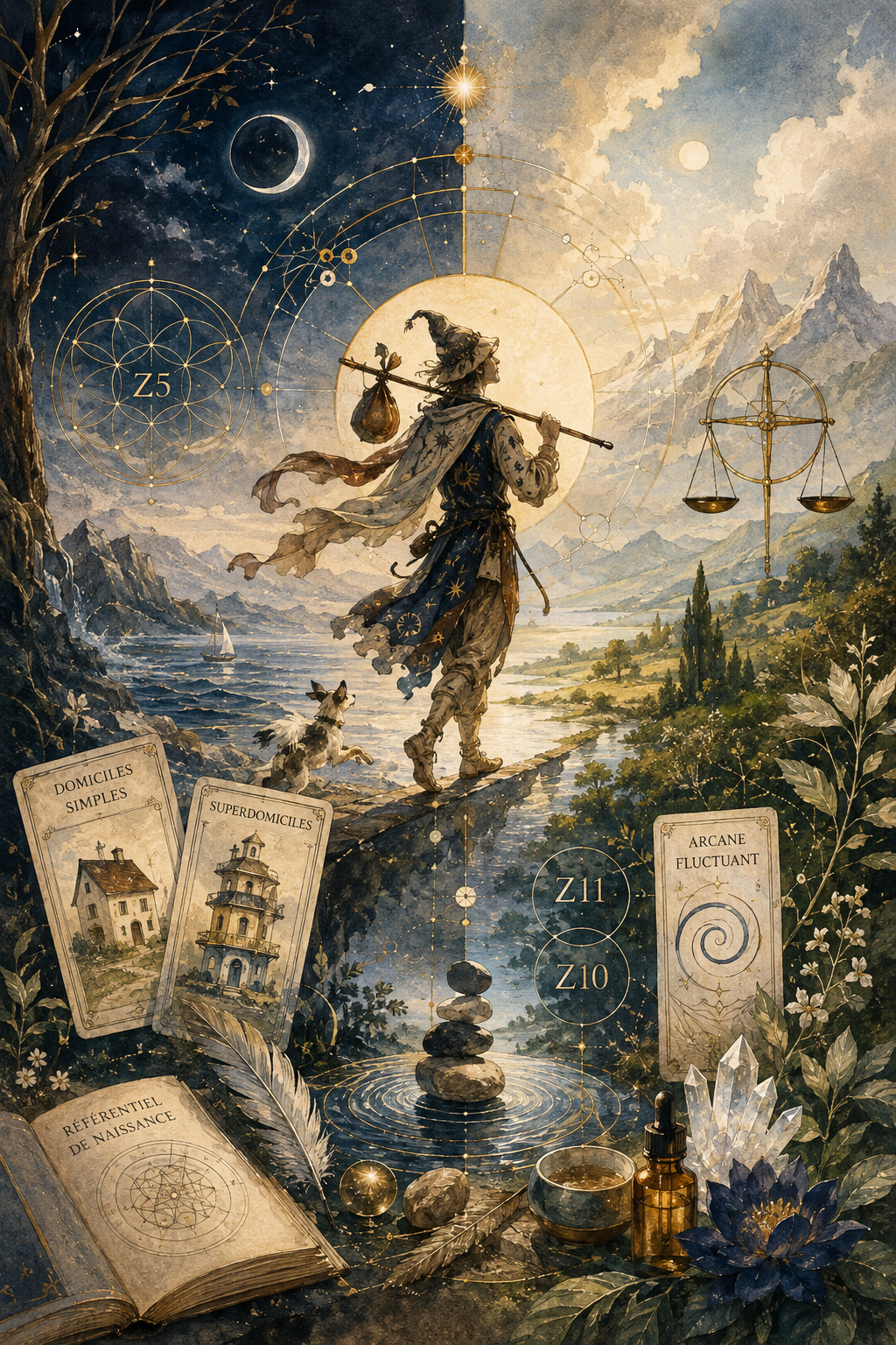 Illustration symbolique et onirique du Séminaire du Mat, associant le Tarot et le Référentiel de Naissance. Au centre, le Mat avance sur un chemin entre ciel et terre, accompagné d’un petit chien, tandis qu’une balance évoque l’équilibre et la stabilisation. Des cercles géométriques dorés, la Z5, les Z10 et Z11, les Domiciles Simples, les Superdomiciles et l’Arcane Fluctuant entourent le personnage. La nature, l’eau, les pierres, les cristaux et les éléments alchimiques renforcent l’idée d’harmonie et de cheminement intérieur.