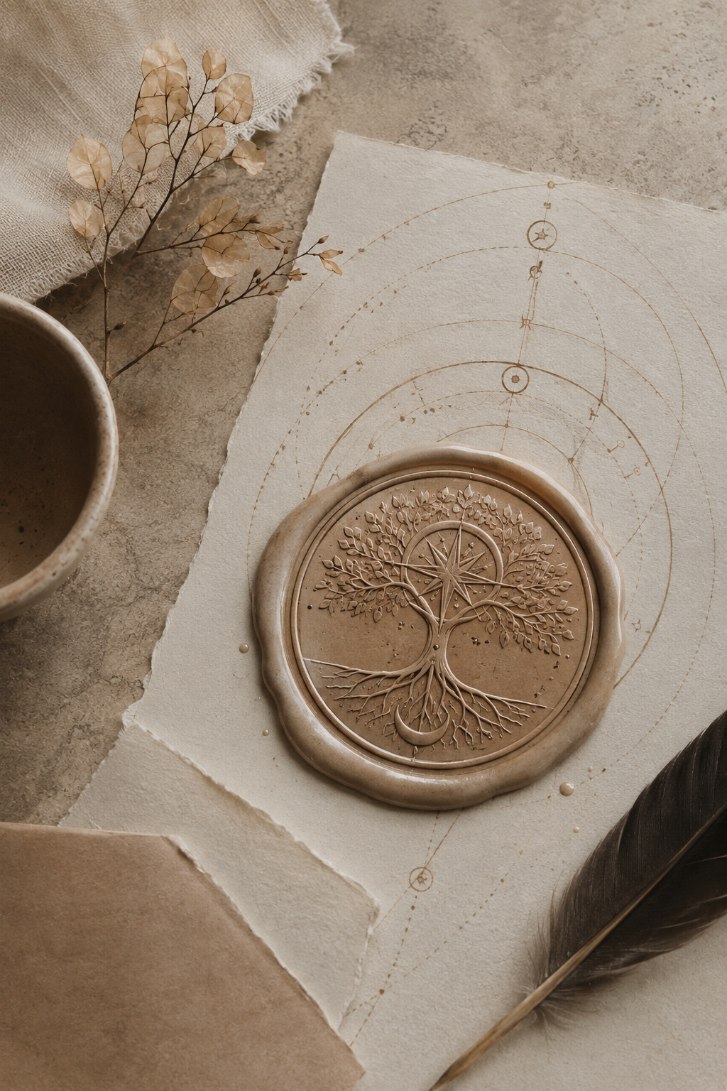 Sceau symbolique du Référentiel de Naissance® posé sur des papiers aux motifs circulaires, évoquant l’ancrage, les ressources intérieures et la construction du devenir.